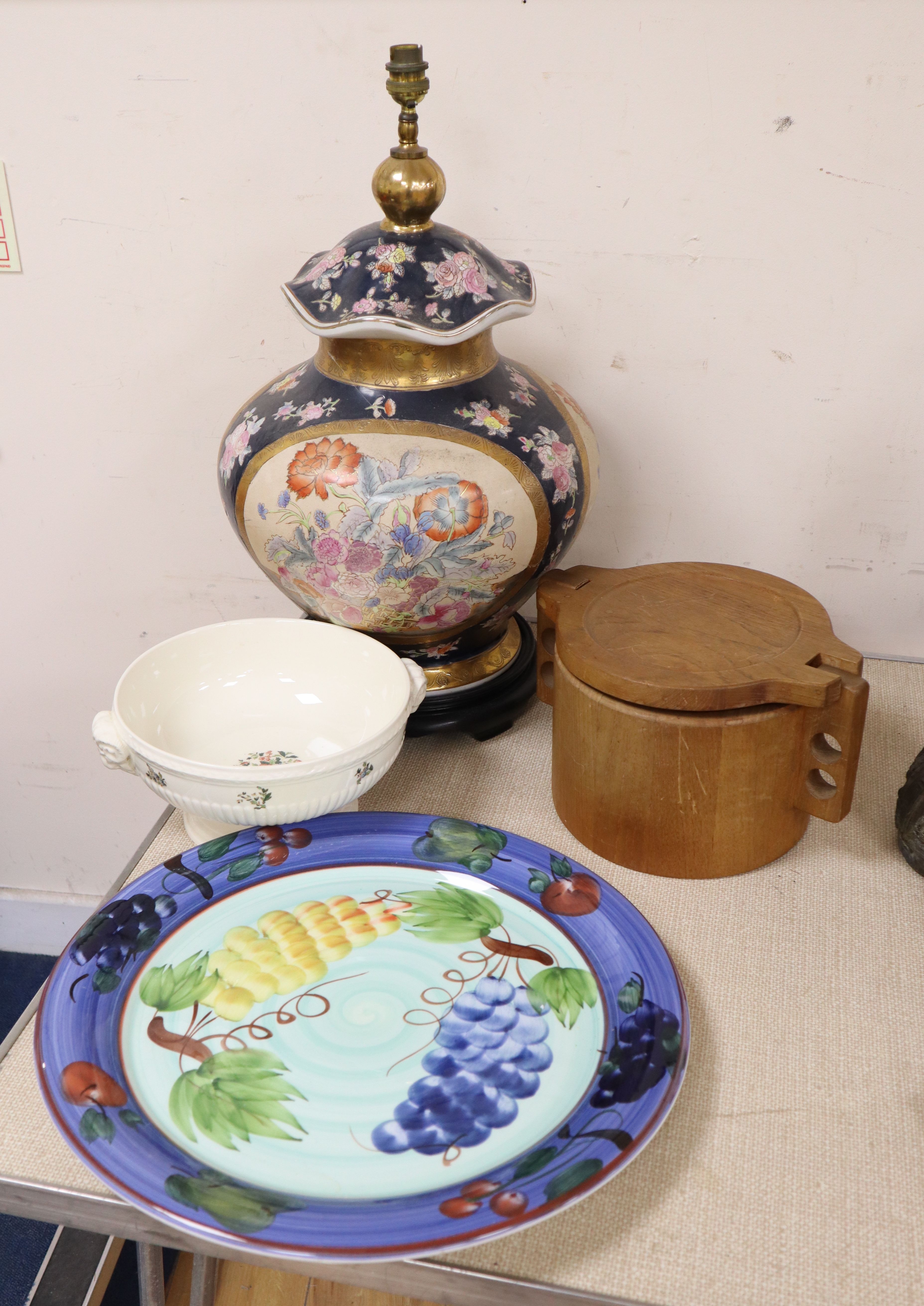 A large Chinese style baluster table lamp, a Wedgwood bowl and painted pottery dish (3)